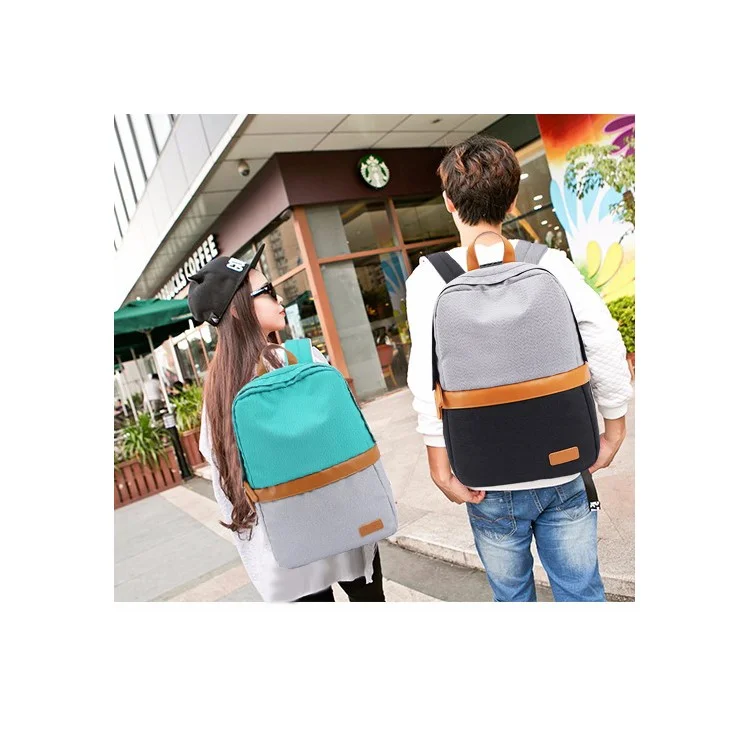 TUGUAN Contrast Color School Bag Nylon Backpack Laptop Rucksack - Cyan / Grey