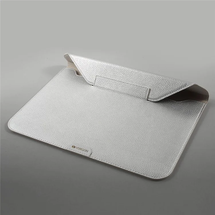 VORSON Litchi Grain Cowhide Leather Magnetic Pouch Bag for Macbook Air 13.3 inch / iPad Pro 12.9 inch - Silver