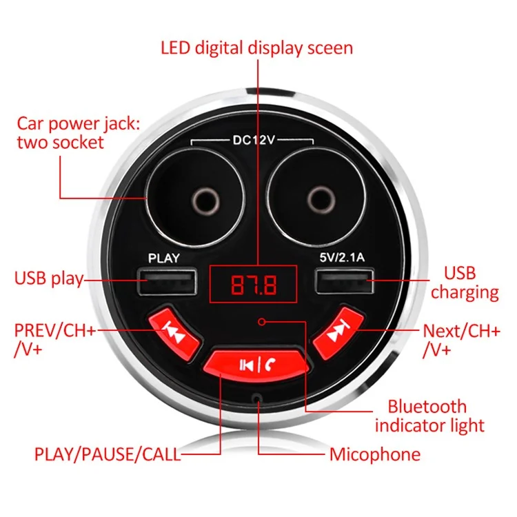 A23 Multi-functional Cigarette Lighter Bluetooth 3.0 Car FM Transmitter Dual USB Car Charger - Red