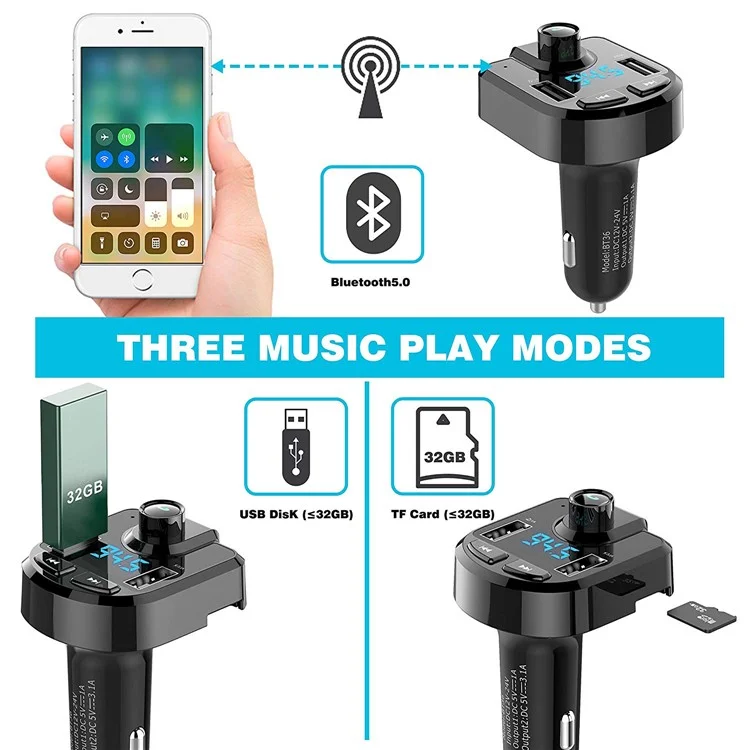 BT36 Bluetooth FM Transmitter Dual USB Port Car Charger for iPhone X, Samsung Note 8 etc. - Black