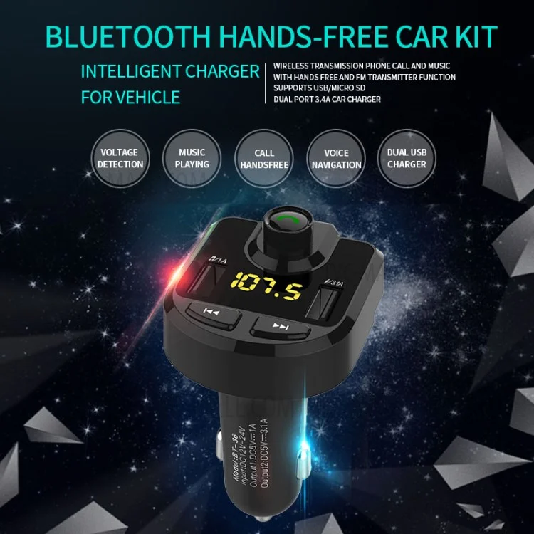 BT36 Bluetooth FM Transmitter Dual USB Port Car Charger for iPhone X, Samsung Note 8 etc. - Black