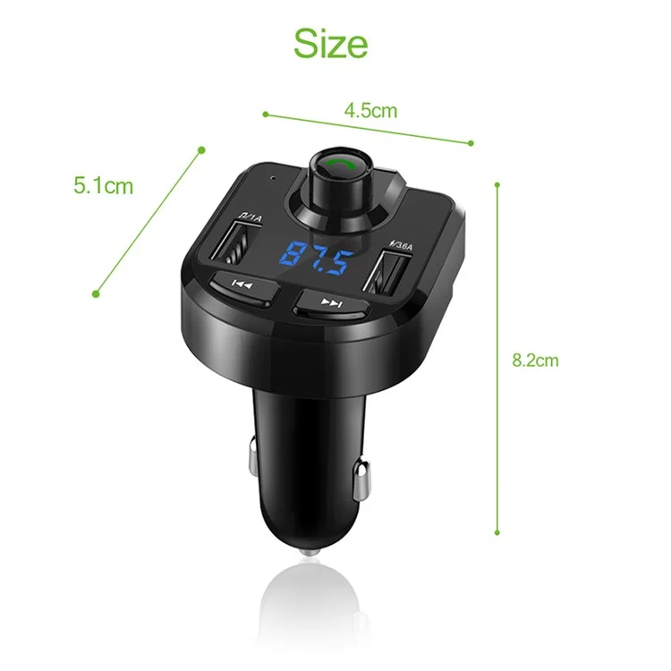 BT36 Bluetooth FM Transmitter Dual USB Port Car Charger for iPhone X, Samsung Note 8 etc. - Black
