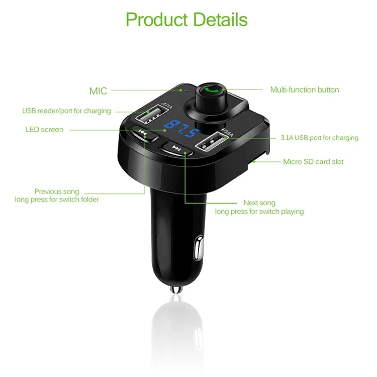 BT36 Bluetooth FM Transmitter Dual USB Port Car Charger for iPhone X, Samsung Note 8 etc. - Black