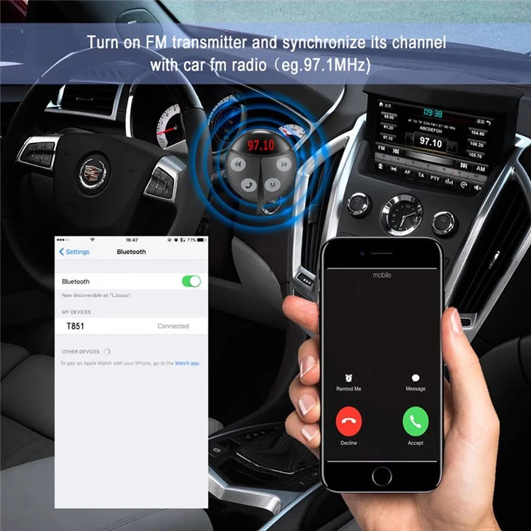 T851 12-24V Wireless Bluetooth FM Transmitter MP3 Player USB Charger Car Kit - Black