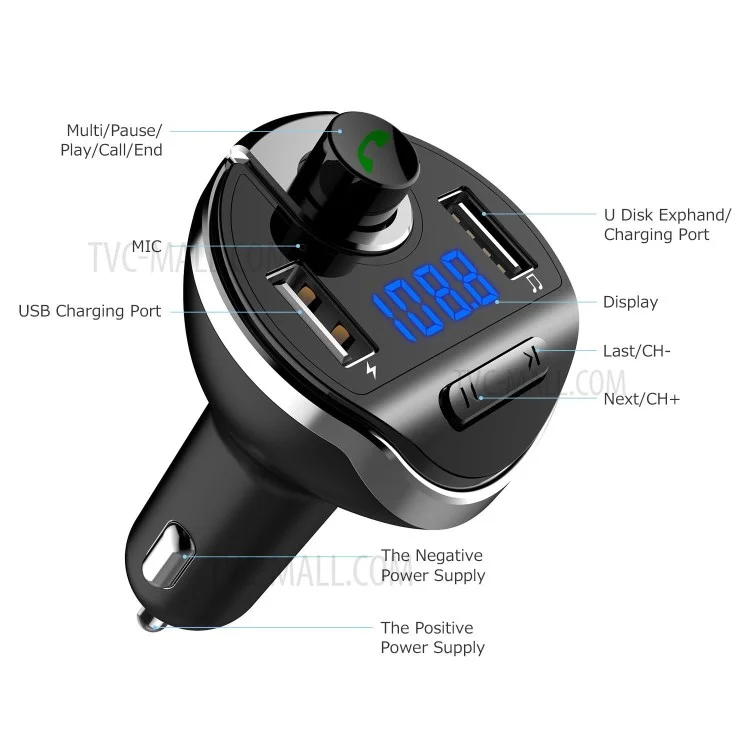 T20 Bluetooth V3.0 Wireless FM Transmitter Dual USB Car Charger Hands-free Car Kit Support TF Card/U-Disk MP3 Music Player