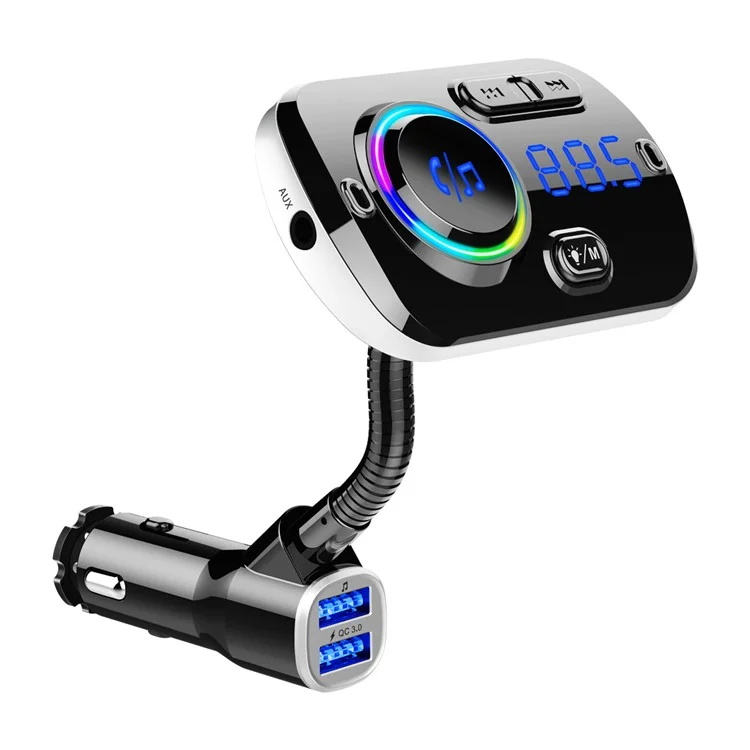 Bluetooth Car Player FM Transmisor FM Cargo Rápido Dual USB Ambiente de Respiración Luz - Negro