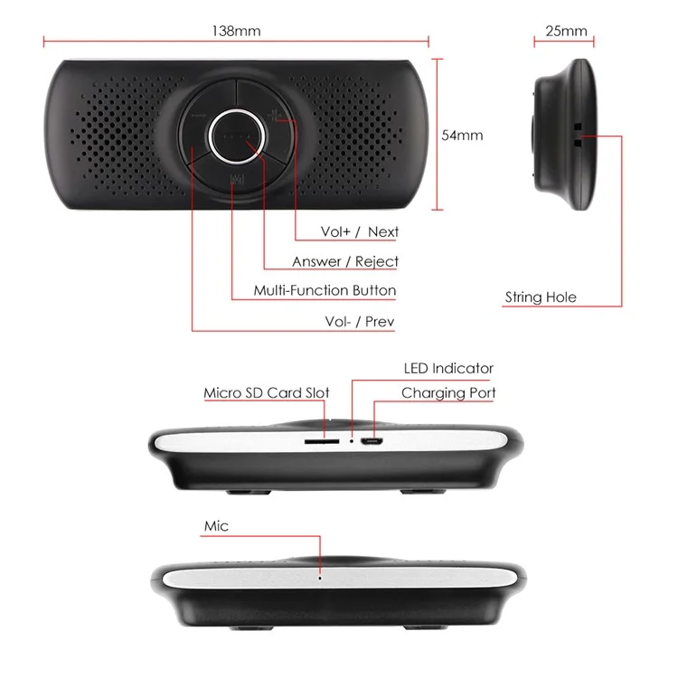T826 Динамик Громкой Связи MP3 Музыка Bluetooth Player Беспроводной Автомобильный Комплект Bluetooth 4.2 EDR Поддержка TF Connect 2 Телефона - Черный Красный
