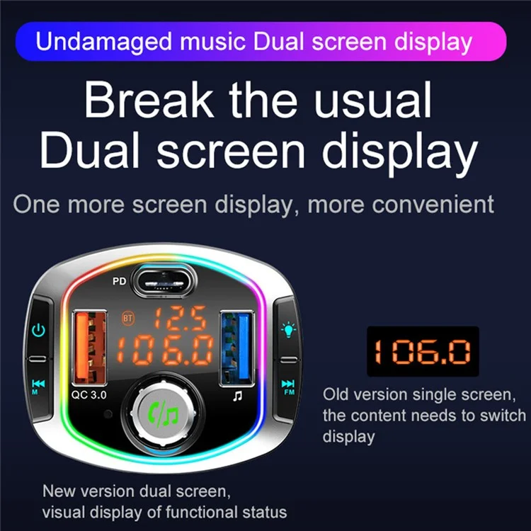 Multifuncional Bluetooth Car Transmissor FM MP3 Player PD + QC3.0 Carregador De Carro