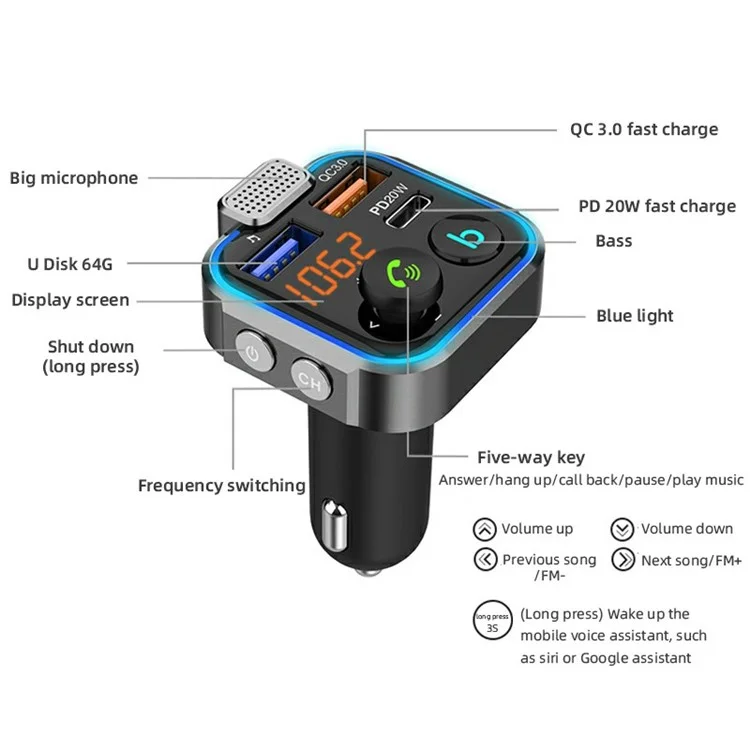 BT23 Dual USB Digital Display Car Bluetooth MP3 Musikplayer FM Transmitter QC3.0 PD 20W Schnellladegerät Handy Ladegerät