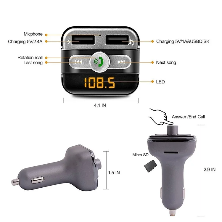 BT20 Bluetooth Car Hands-free FM Transmitter + Dual USB Car Charger MP3 Player Support TF Card - Black