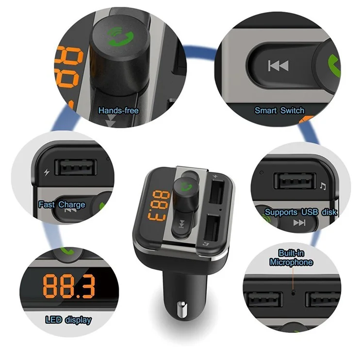 BT20 Bluetooth Car Hands-free FM Transmitter + Dual USB Car Charger MP3 Player Support TF Card - Black