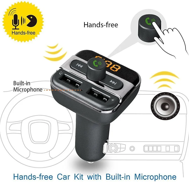 BT20 Bluetooth Car Hands-free FM Transmitter + Dual USB Car Charger MP3 Player Support TF Card - Black