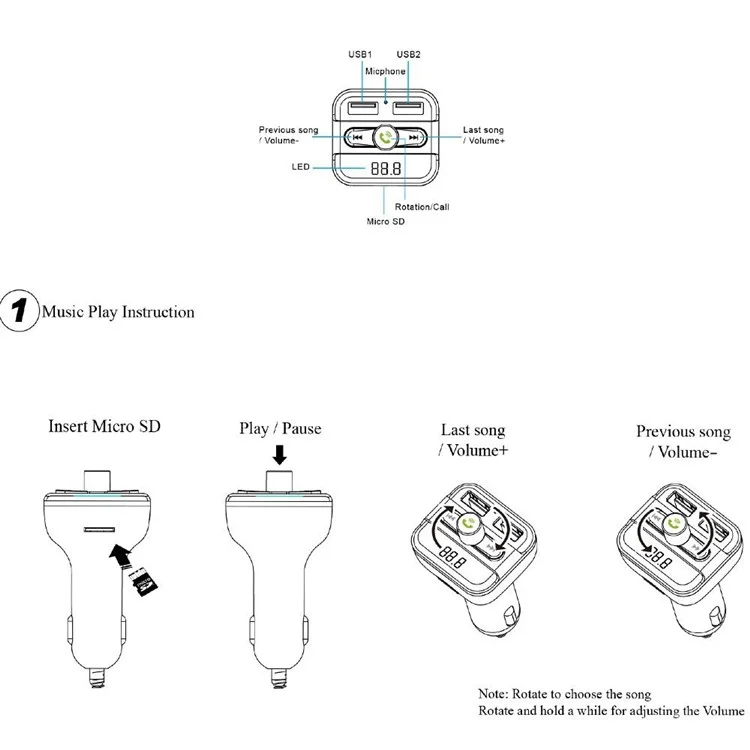 BT20 Bluetooth Car Hands-free FM Transmitter + Dual USB Car Charger MP3 Player Support TF Card - Black