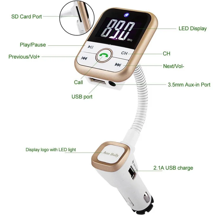 BT67 Bluetooth Handsfree Car Kit FM Transmitter MP3 Player with 2.1A USB Car Charger - Gold