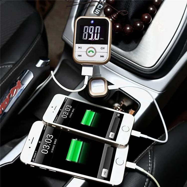BT67 Bluetooth Handsfree Car Kit FM Transmitter MP3 Player with 2.1A USB Car Charger - Gold
