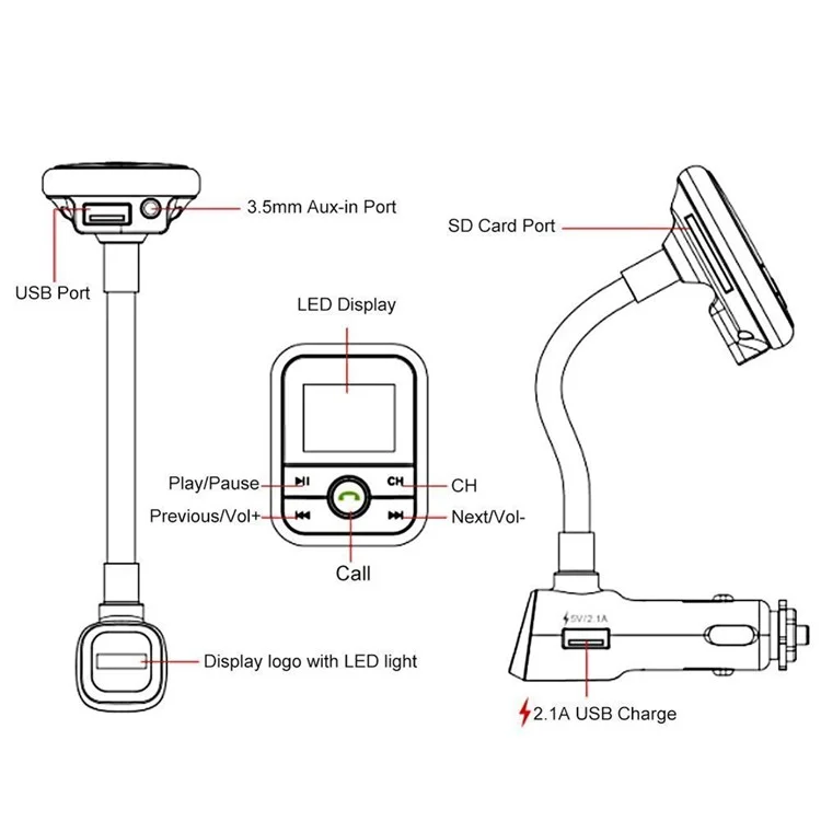 BT67 Bluetooth Handsfree Car Kit FM Transmitter MP3 Player with 2.1A USB Car Charger - Gold