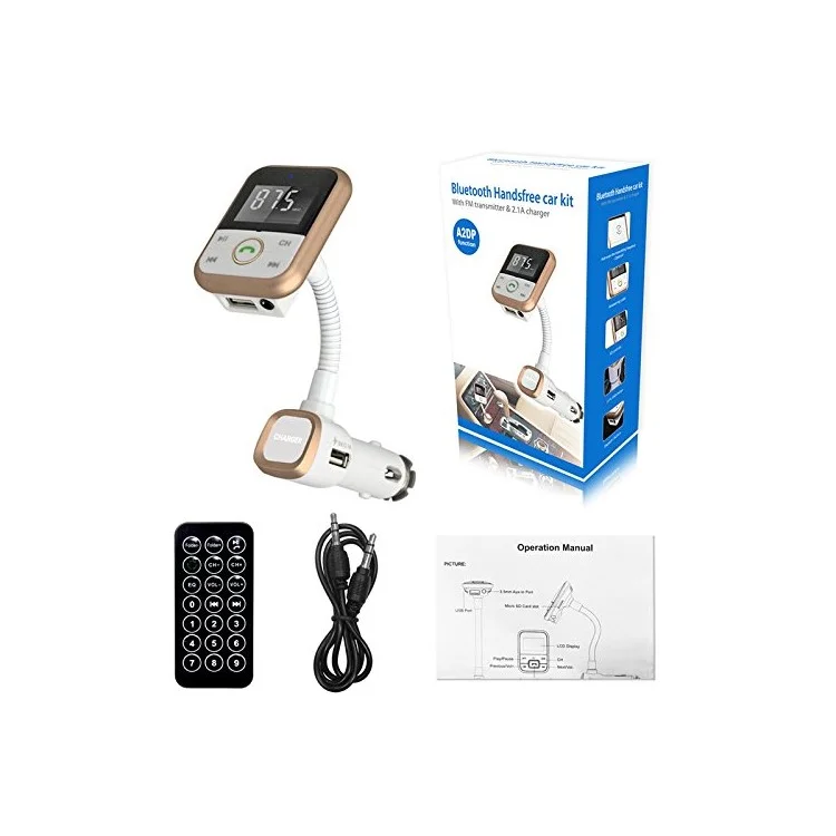 BT67 Bluetooth Handsfree Car Kit FM Transmitter MP3 Player with 2.1A USB Car Charger - Gold