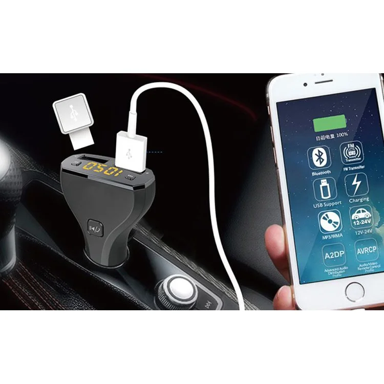 Bluetooth Hands-free Car Kit with FM Transmitter and 2.4A Dual USB Car Charger C30S - Black