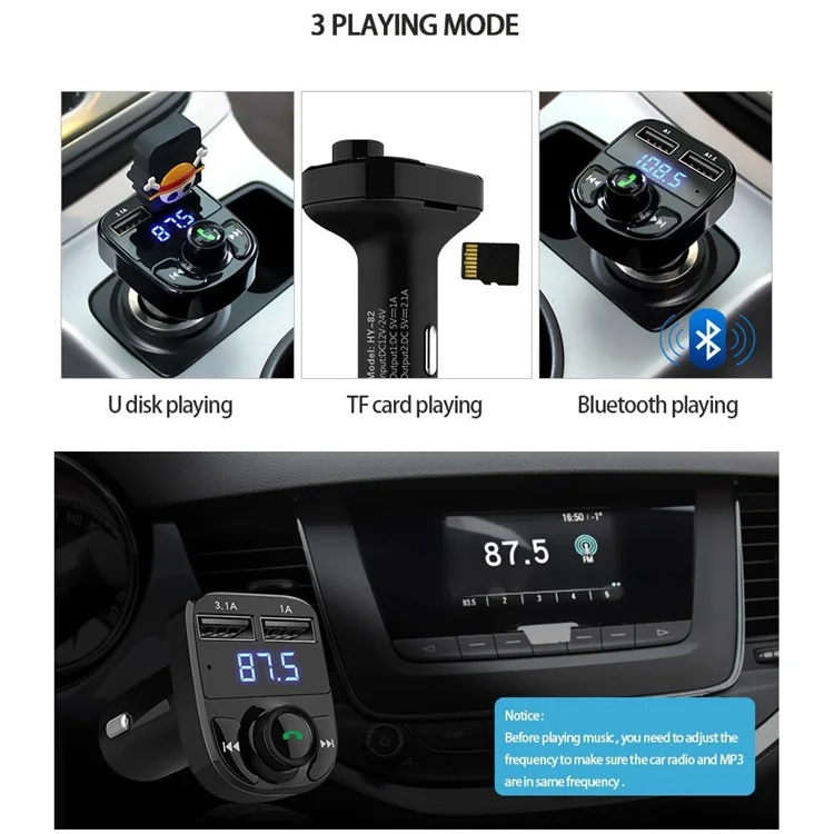 HY-82 Car Hands-free Bluetooth MP3 Music Player FM Transmitter with Dual USB Output