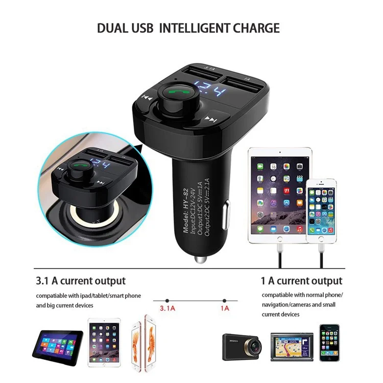 HY-82 Car Hands-free Bluetooth MP3 Music Player FM Transmitter with Dual USB Output