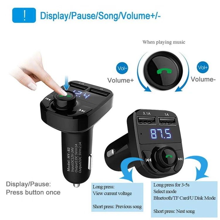 HY-82 Car Hands-free Bluetooth MP3 Music Player FM Transmitter with Dual USB Output