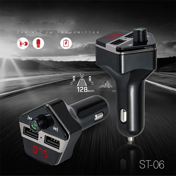 ST-06 Car FM Transmitter Bluetooth MP3 Player Dual USB Car Charger with Mic & LED Display for Samsung S8 etc. - Black