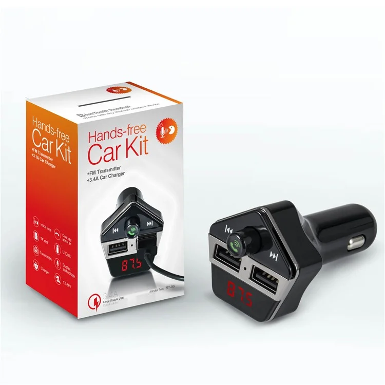 ST-06 Car FM Transmitter Bluetooth MP3 Player Dual USB Car Charger with Mic & LED Display for Samsung S8 etc. - Black