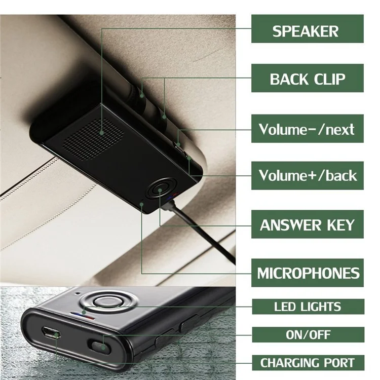 Bluetooth 4.1 Sun Visor Car Speakerphone A2DP Streaming Hands-Free Car Kit - Black