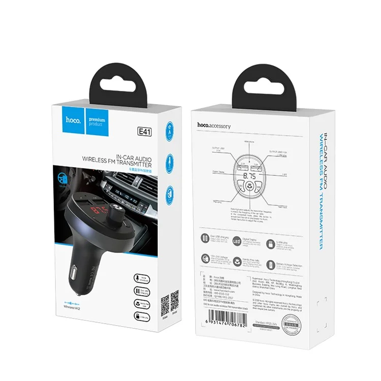 Chargeur de voiture USB double HOCO E41 avec émetteur FM, Bluetooth, Aux, lecteur audio MP3