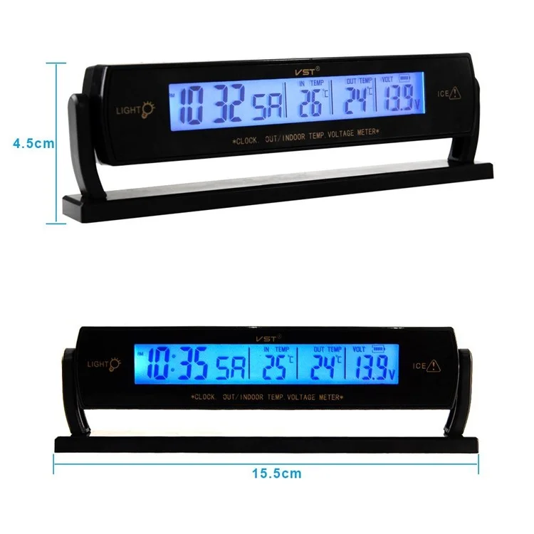 VST-7013V 3 in 1 Car Voltmeter, Digital Clock and Thermometer with Bracket Blue Backlight