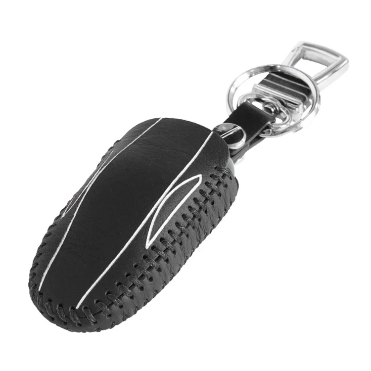 Genuine Leather Stitching Remote Key Fob Pocket Holder for Tesla Model S - White