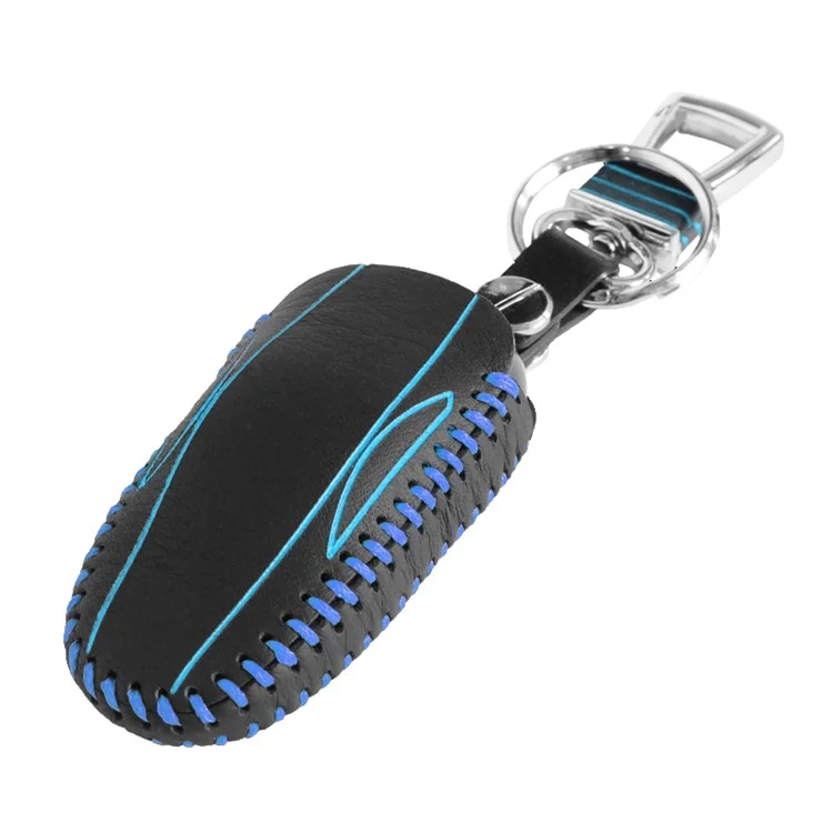Genuine Leather Stitching Remote Key Fob Pocket Bag for Tesla Model S - Blue