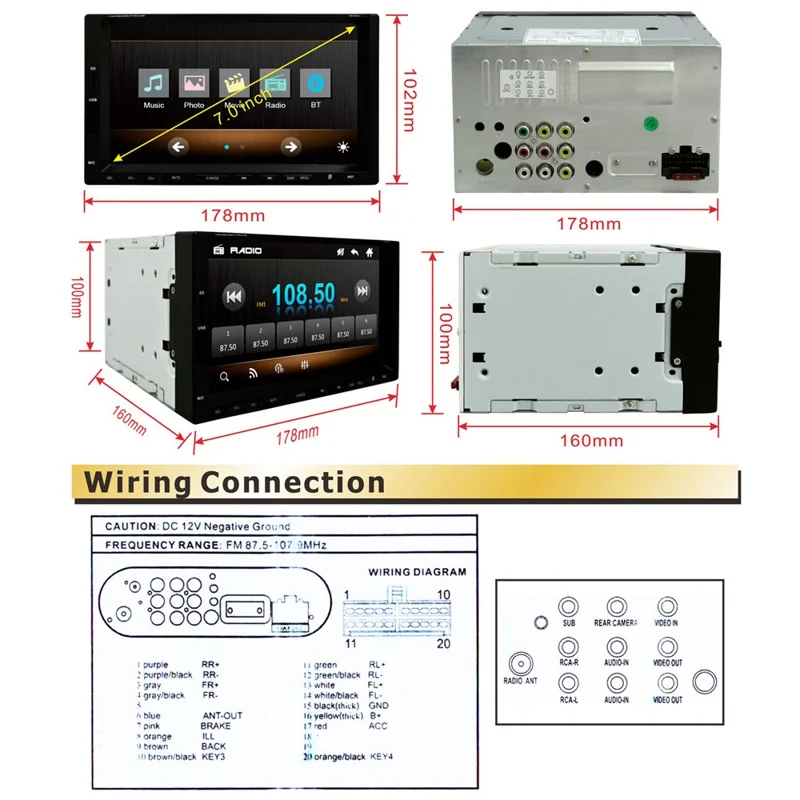 2-DIN 7-Zoll Touchscreen Bluetooth-fähiger Auto-MP5-Player, unterstützt Rückfahrkamera / UKW-Radio