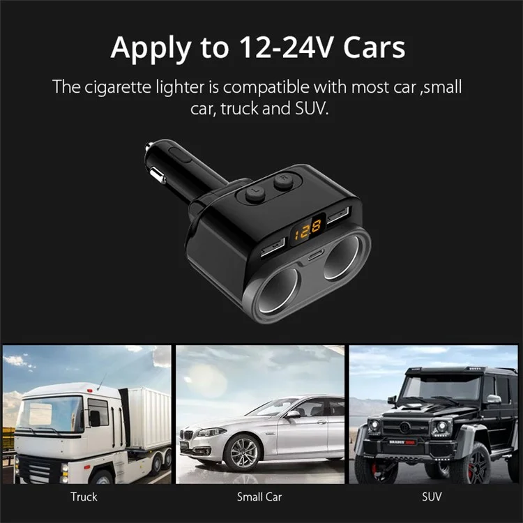 4.8A Dual USB Car Charger LCD Display 12-24V Type-C Cigarette Socket Lighter