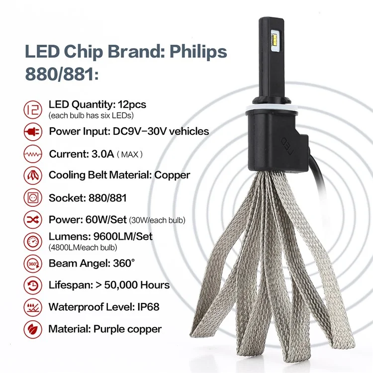 One Pair 880 P7 30W 4800LM 6000K Philips LED Headlight with Cooling Copper Braid (880-6000K-A)