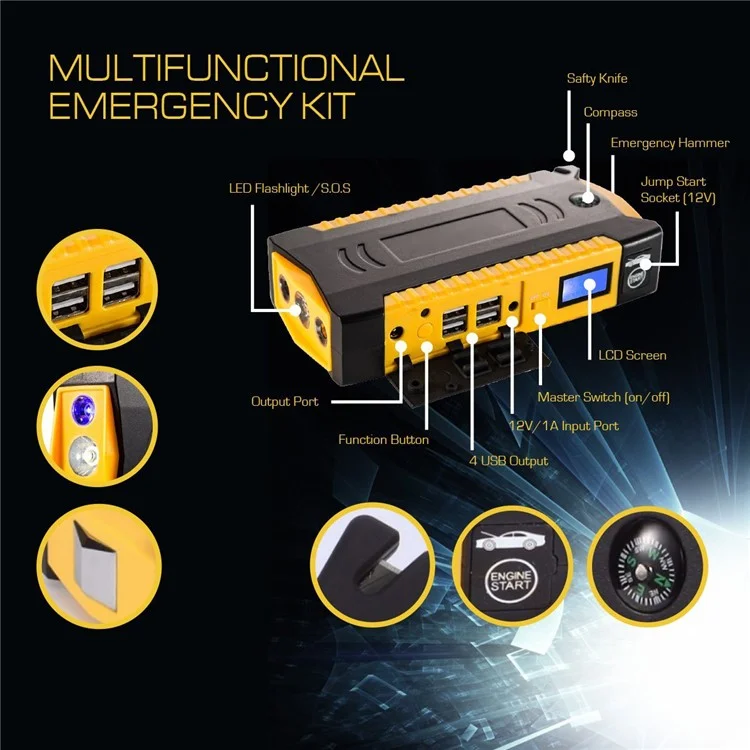 12V 18000mAh Emergency Car Jump Starter USB Phone Power Bank Charger with Flashlight, Campass, Safty Knife - US Plug