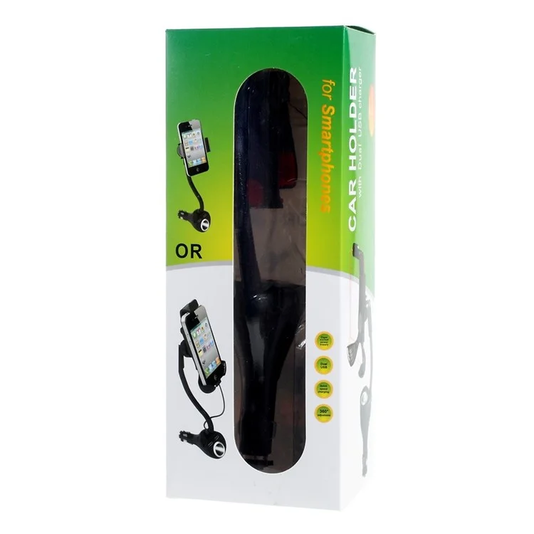 Car Cigarette Lighter Dual USB Charger Mount Holder for Smartphones, Max Clamp Opening: 10cm