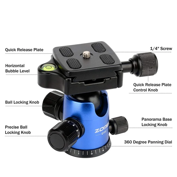 ZOMEi Q555 Lightweight Professional Alluminum Alloy Camera Tripod with 360 Ball - Blue