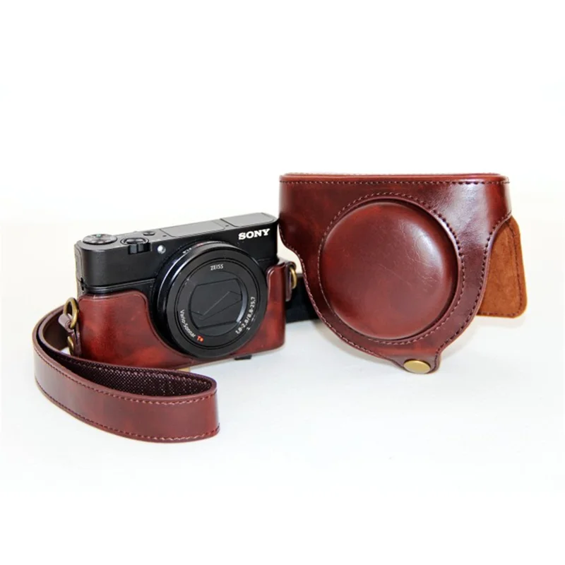 PU Leather Camera Protection Bag + Strap for Sony DSC-RX100 Mark III IV M1/M2/M3/M4/M5 - Coffee