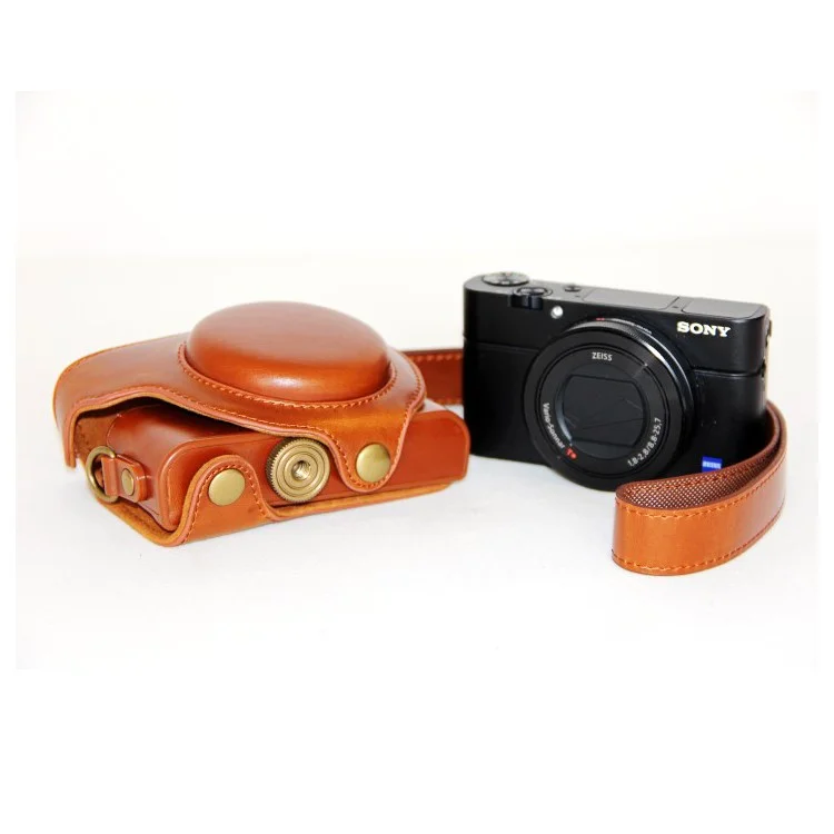 PU Leather Camera Protective Pouch + Strap for Sony DSC-RX100 Mark III IV M1/M2/M3/M4/M5 - Brown