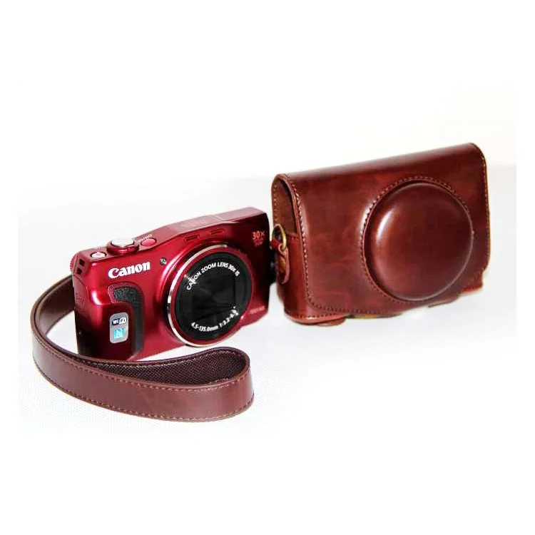 PU Leather Camera Protective Pouch + Shoulder Strap for Canon SX720/ SX700/ SX730/ SX740 HS - Coffee