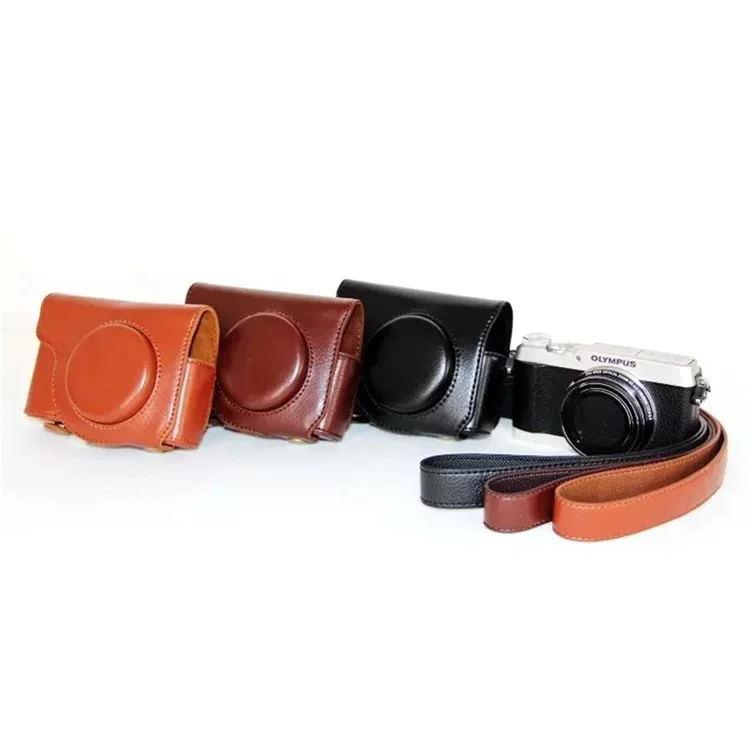 Protective Leather Camera Case with Shoulder Strap for Olympus SH-2/SH-1 - Black