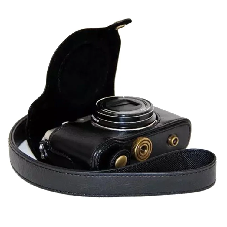 Protective Leather Camera Case with Shoulder Strap for Olympus SH-2/SH-1 - Black