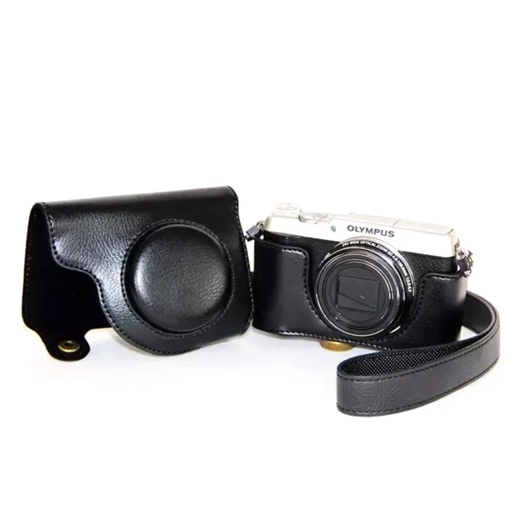 Protective Leather Camera Case with Shoulder Strap for Olympus SH-2/SH-1 - Black
