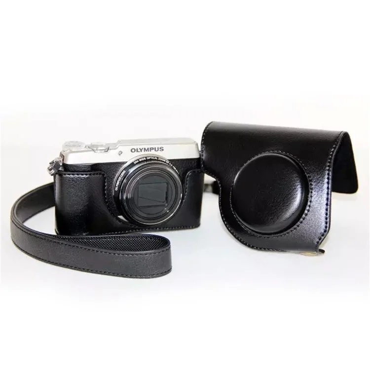 Protective Leather Camera Case with Shoulder Strap for Olympus SH-2/SH-1 - Black