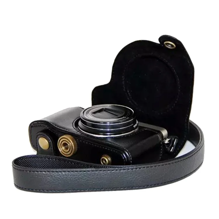 Protective Leather Camera Case with Shoulder Strap for Olympus SH-2/SH-1 - Black