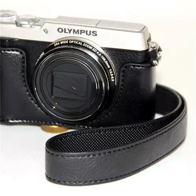 Protective Leather Camera Case with Shoulder Strap for Olympus SH-2/SH-1 - Black