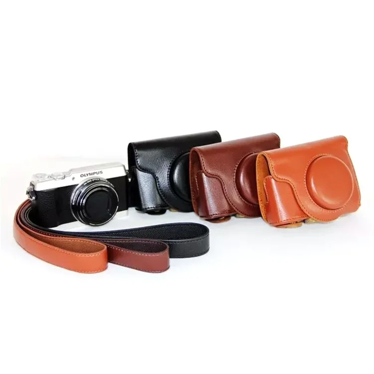 Protective Leather Camera Case with Shoulder Strap for Olympus SH-2/SH-1 - Black