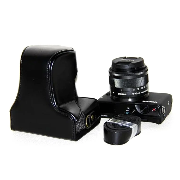 Couvercle de Caméra en Cuir PU + Sangle Pour Canon Eosm / Eosm2 / Eosm 10 Avec Objectif 15-45 mm - le Noir