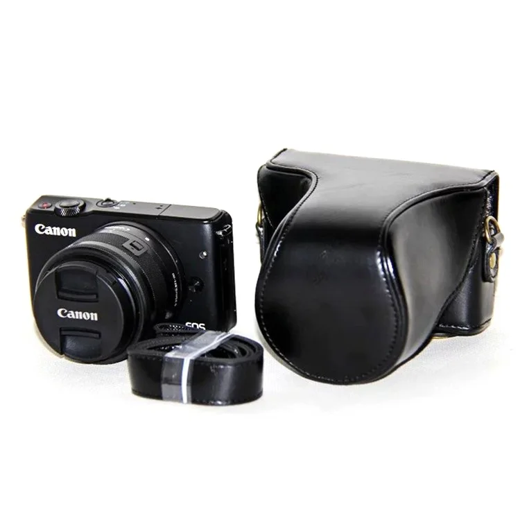 Couvercle de Caméra en Cuir PU + Sangle Pour Canon Eosm / Eosm2 / Eosm 10 Avec Objectif 15-45 mm - le Noir